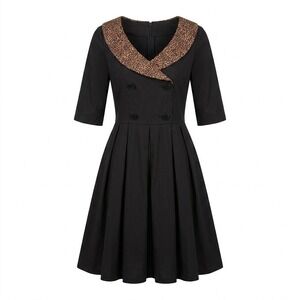 NEW Lindy Bop SMALL Black Rockabilly Dress Leopard Collar Pleated Fit Flare